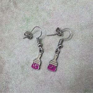 Paint Brush Charm Dangle Earrings - Pink Accent